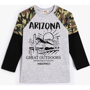 Koton Boys T-shirt met lange raglan mouw, kleurblok, militair patroon, gedrukt detail, grijs (023), 6-7 Jaar