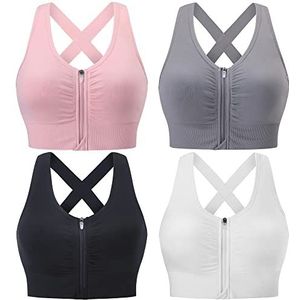 Evercute Zip Front Post-Chirurgie BH Vrouwen Draadloze Sport BH's Gewatteerde Strappy Medium Ondersteuning Yoga Oefening Atletische BH's, Zwart Wit Grijs Roze 4 Pack, M