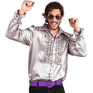 Boland disco shirt met ruches, zilver, voor heren, kostuum, feest shirt, Schlager move, 70s, thema feest, carnaval