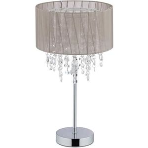 Relaxdays tafellamp kristal, lampenkap van organza, ronde voet, nachtlampje, HxØ: 43 x 24 cm, klassiek, grijs/zilver