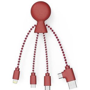 Xoopar - Mr Bio 4-in-1 Multi USB-kabel in de vorm van een rode octopus - universele oplader van gerecycled kunststof - USB-aansluiting, USB-C, Lightning, Micro USB voor universele smartphone