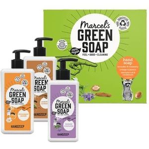 marcel's green soap 8500 Cadeauset met drie handzeep - oranje & jasmijn, lavendel & rozemarijn, sandelhout & kardemom - plantaardige gebaseerd - milieuvriendelijk - gerecyclede flessen - veganistisch