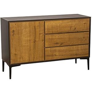 DRW Sideboard met drie laden en een deur van MDF en metaal, in naturel en zwart, 116 x 40 x 75 cm, hoogte van 18 cm