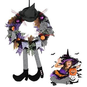 Halloween kransen voor voordeur, 71 cm heksenkrans Halloween kostuums, herfst deur krans heksenhoed en benen pompoen Halloween decoraties, binnen en buiten muur decor om Halloween te vieren