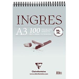 Clairefontaine 96478C Tekenblok Ingres (met dubbele spiraal, gekorreld, DIN A3, 29,7 x 42 cm, 100 vellen, 80 g, ideaal voor droogtechnieken), wit