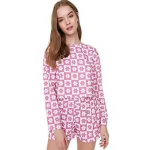 Trendyol Dames Bloemen Geweven T-shirt-Korte Pyjama Set, roze, L