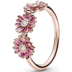 Pandora Garden Pink Daisy Flower Trio 14-karaats rosévergulde ring met madeliefjes, met heldere zirkoniasteentjes en geschakeerd roze email, 60