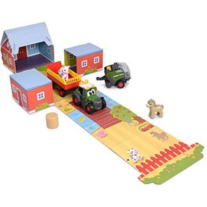 Dickie Toys - ABC Fendt Tractor - met hanger, hooiballenpers & dieren (Diorama Set), speelgoedtrekker (30 cm) met licht & geluid - voor kinderen vanaf 12 maanden, Veelkleurig