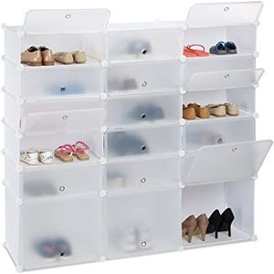 Relaxdays schoenenkast kunststof, met 18 vakken, met deuren, kastsysteem voor 36 paar, HBD: 125x140x36cm, in het wit