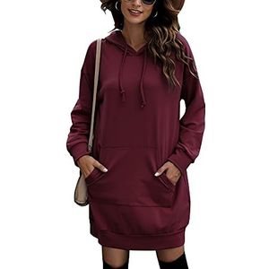 Sykooria Dames hoodie jurk pullover lange mouwen basic sweatshirts capuchontrui tops hoodie jurk rode wijn XL, rood (rode wijn), XL
