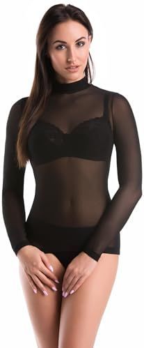 Teyli Mesh Body voor dames, transparante mesh body voor dames - mesh bovendeel dames transparant body mesh - nettop body lange mouwen dames doorzichtig, zwart, XS