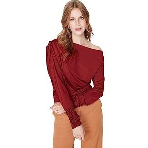 Trendyol Dames getailleerde off-shoulder asymmetrische kraag gebreide blouse, Rood, M