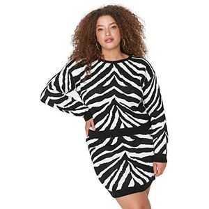 Trendyol Vrouwen Dieren Print Midden Gebreide Kleding Blouse-Rok Plus Size Sets, Zwart, 5XL