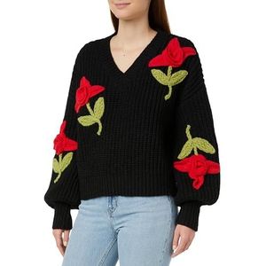 faina Dames driedimensionale gebreide trui met V-hals en bloemenhaken zwart maat M/L pullover sweater, zwart, M