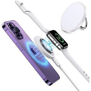 Mag-Safe Reisoplader, 3-in-1 draadloze oplader, compatibel met iPhone 15, 14, 13, 12 serie, iWatch, AirPods 3/2/Pro, magnetische ringhouder, inductief draadloos laadstation met afneembare kabel