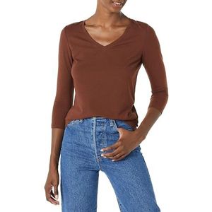 Amazon Essentials Women's T-shirt met driekwartmouwen en V-hals in klassieke pasvorm (verkrijgbaar in grote maten), Donkerbruin, XXL