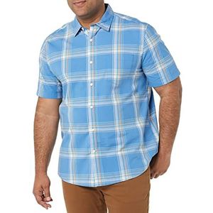 Amazon Essentials Stretch popeline overhemd met korte mouwen voor heren (verkrijgbaar in groot en lang), blauw perzik geruit, XS