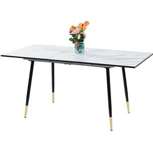 Urban Meuble Wit, 120-160 x 80 x 75 cm, eettafel in Scandinavische stijl, intrekbaar, marmeren dienblad, metalen poten, zwart en goud, Engineered Wood