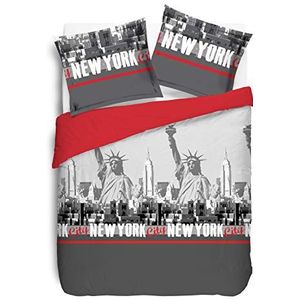 Vision - Beddengoed New York Rood - Dekbedovertrek 200x200cm met 2 Geassorteerde Kussenslopen 65x65cm - 100% Katoen