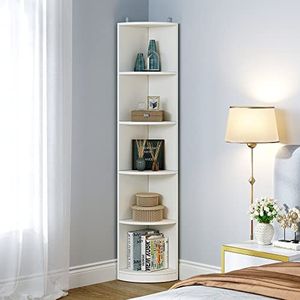 YITAHOME 5-laags hoekplank, 70 inch hoge moderne vrijstaande hoek boekenplank, 5 planken display hoek boekenkast en boekenplanken, houten open opbergboekenplanken voor woonkamer, thuiskantoor, wit