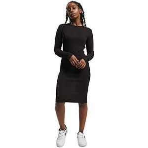 Urban Classics Midi jurk voor dames, met lange mouwen, rib jurk, sportief, elegant en knielang, in de kleuren zwart, charcoal en donkerkaki, maat XS tot 5XL, zwart (black 7), S