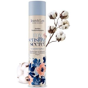 Jean & Len droogshampoo my sensitive secret, voor de gevoelige hoofdhuid, met katoenextract & panthenol, helpt bij vette wortels, geen wit residu, geurvrij, 200 ml