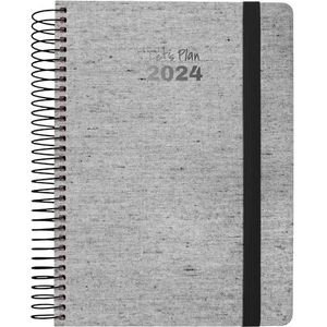 Grafoplás Jaarplanner 2024 | zwarte eco-jeans | 15 x 21 cm | Spaans | dagpagina | spiraalbinding | hardcover met gerecycled denim | elastische sluiting | perfect voor het plannen van je