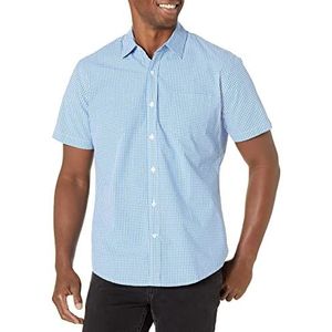 Amazon Essentials Men's Poplin overhemd met normale pasvorm en korte mouwen, Blauw Gingham, L