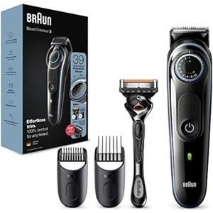Braun Baardtrimmer BT3240 en tondeuse voor mannen, levenslange scherpe messen, 39 lengte instellingen, zwart/blauw, UK twee pin plug