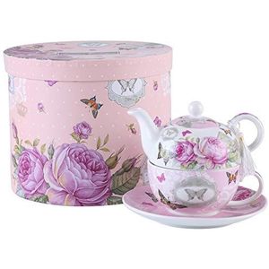 London Boutique Tea for one theepot, mok Suacer, vintage bloemenpatroon, lavendel, porselein, in geschenkdoos (roze vlinder roze)