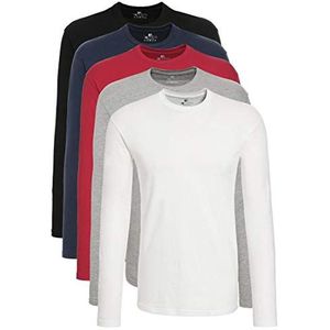 Lower East Heren Shirt met lange mouwen en ronde hals, gemaakt van 100% katoen, Zwart/wit/marineblauw/grijs/rood, set van 5, S