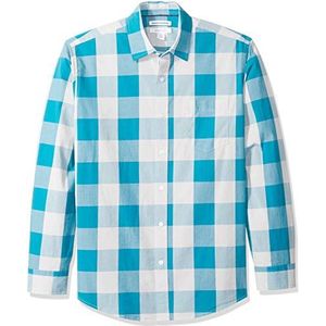 Amazon Essentials Men's Casual poplin overhemd met normale pasvorm en lange mouwen, Blauw Wit Geruit, M