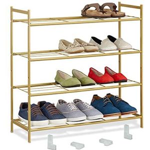 Relaxdays schoenenrek, metaal, 4 etages, stapelbaar, uitbreidbaar, HBD: 70 x 70 x 26 cm, voor 12 paar schoenen, goud