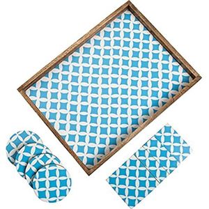 Penguin Home Serveerdiendienblad Set Voor Koffie En Eten Met 4 Vierkante En 4 Bijpassende Ronde Onderzetters, Aqua Blauw en Wit Diamond Ontwerp