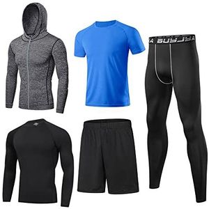 BUYJYA Set van 5 compressiebroeken, shirt, top, met lange mouwen, sportvest, gymkleding voor heren, workout, grijs-blauw, XXL