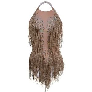 YUANTONG Gold Sparkly Rhinestone Bodysuit for Women Fringe Top Dance Leotard Drag Queen Costumes Outfit