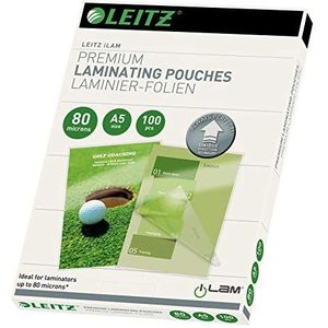 Leitz Hete lamineerfolie A5 80 mic, lamineerfolie in premium kwaliteit in 100 pack, glanzend, transparant, vereenvoudigd inbrengen door UDT, iLAM, 7492000