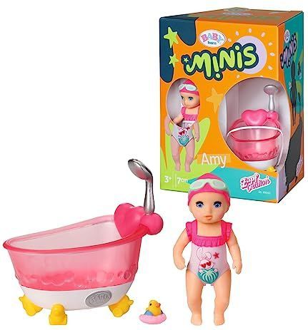 BABY born Minis Speelset Badkuip met Amy 906101 - 6,5 cm pop met exclusieve accessoires en beweegbaar lichaam voor realistisch spel - Geschikt voor kinderen vanaf 3+ jaar.