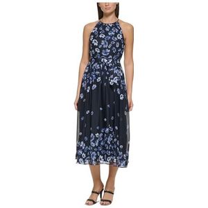 DKNY Floral Print Halster Neck Mouwloos Tie Waist Fit & Flare Chiffon Midijurk Cocktailjurk Dames, Navy Multi, 40