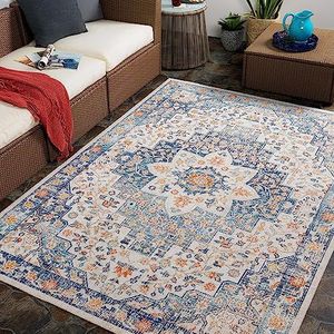 Surya Vintage tapijt voor binnen en buiten, duurzame vloerkleden voor woonkamer, keuken, tuin, terras, shabby chic natuurlijk tapijt, UV-weer- en vlekbestendig - grijs (Assa) Large 120 x 170, blauw,