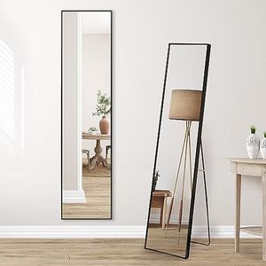 Americanflat Spiegel van aluminium, zwart, volledige lengte, met standaard, vrijstaande spiegel, volledige lengte, voor slaapkamer en lange spiegel, voor woonkamer, 35 x 150 cm, met ingebouwde