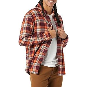 Amazon Essentials Men's Flanellen overhemd met lange mouwen (verkrijgbaar in grote en lange maten), Bordeauxrood Oranje Plaid, XS
