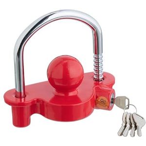 Relaxdays aanhangerslot voor koppeling, 5 sleutels, anti-diefstal, voor auto, paardentrailer, caravan, rood-zilver