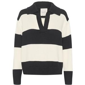 Part Two Damestrui V-Notch Neck Johnny Collar Casual Fit Rib Knit, Dark Navy Bold Stripe, XL