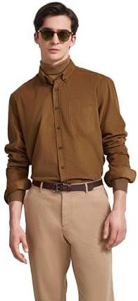Cognac Overhemd - Moderne Fijne Cord - Lange Mouwen - Button-downkraag