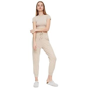 TRENDYOL Woman Loungewear joggingbroek met gemiddelde tailleband, rechte pijp, losse joggingbroek, beige, S