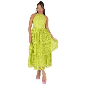 Maya Deluxe Damesjurk, midi-jurk, halterhals, mouwloos, met derde rok, bloemenkant, A-lijn, voor bruiloft, gast, evenement, gala, dames, Lime Groen, 38