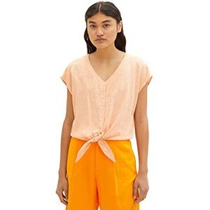 TOM TAILOR Denim Damesblouse met korte mouwen en knoopdetail van linnen, 31716 - Mango White Verticale Stripe, XL