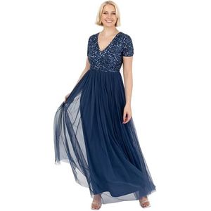 Maya Deluxe Dames V-hals verfraaid V-hals maxi-jurk korte mouw Empire taille Prom afstuderen bruidsmeisje bruiloft gast, Franse marine, 14, Franse marine, 40