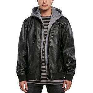 Urban Classics Heren Fleece Hooded Fake Leather Jacket Jassen, zwart/grijs, S